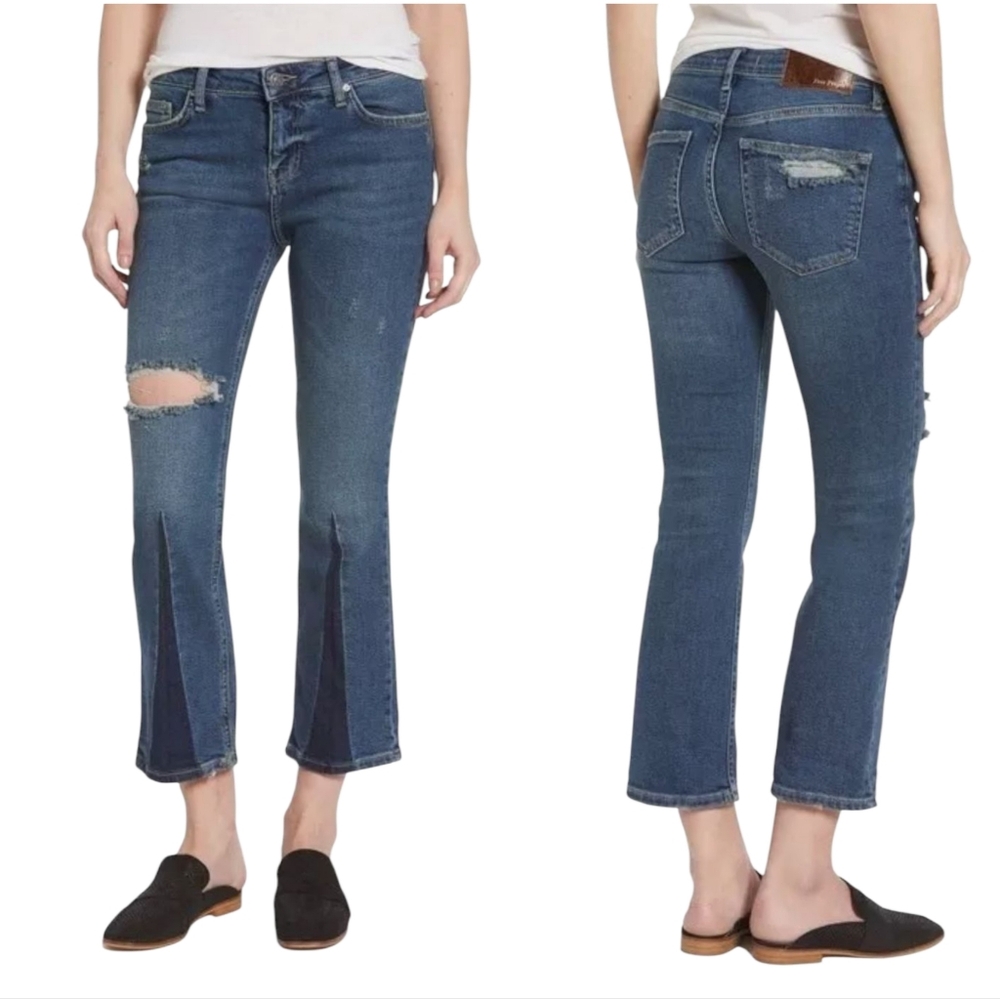 Free People Cropped Flare Leg Jeans w/ Colorblock Cut Out Distressed Wom… - Picture 3 of 17